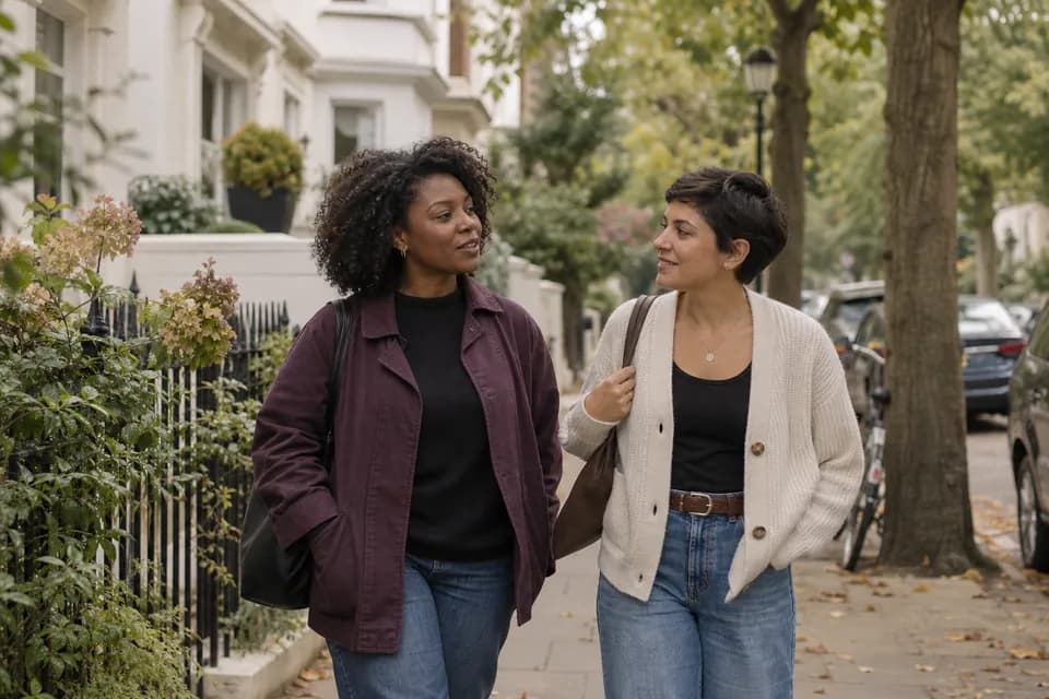 Two fictional adult friends talking during a walk.